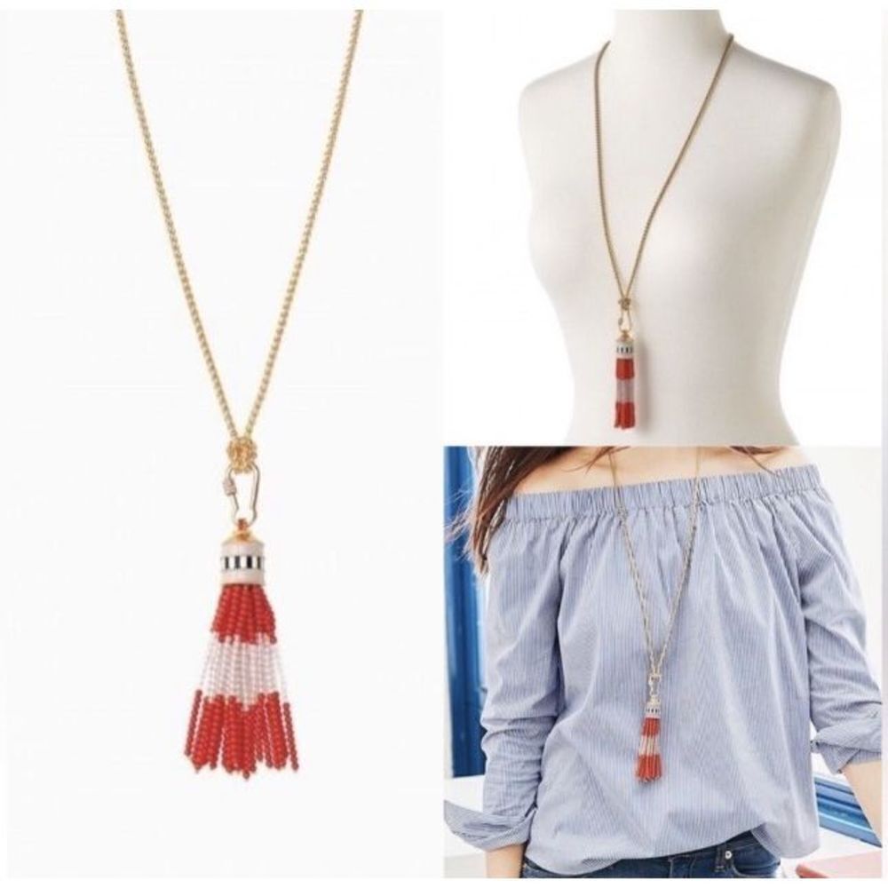 Stella & Dot Retired Coral‎ Red Gold Beaded Brio Tassel Necklace Long
